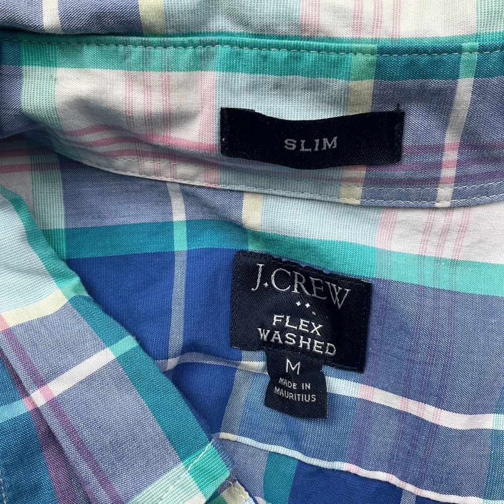 J. Crew Shirt Mens Medium Blue Plaid Flex Washed Vibrant Slim Fit‎ OCBD Stretch